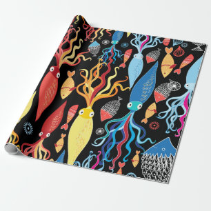 Papier Cadeau Multicolored pattern of different squid and fish o