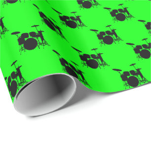 Papier Cadeau Musique Black Drum Set sur Lime Green