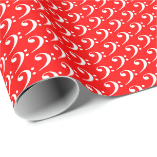 Papier Cadeau Musique Clé de Fa Blanche sur Fond Rouge