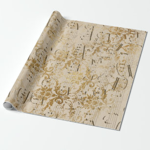 Papier Cadeau Musique de feuille vintage d'or avec Scrollwork