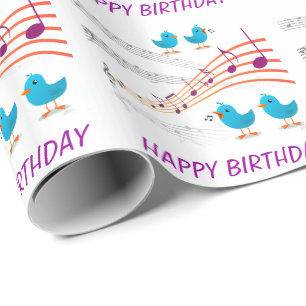 Papier Cadeau Musique Notes Oiseaux bleus Joyeux anniversaire Am