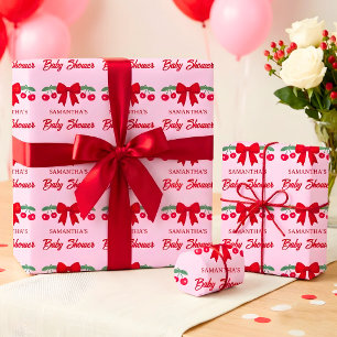 Papier Cadeau Naissance Cerise à Ruban Gingham Rou