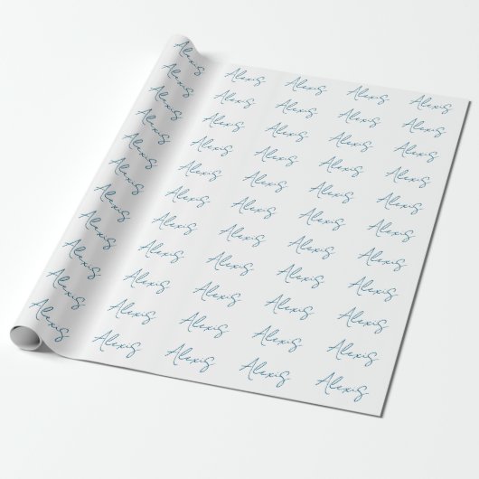 Papier Cadeau Name Calligraphy Script Plain Simple White Blue (Déroulé)