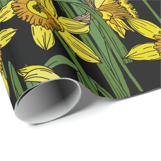 Papier Cadeau Narcissus de printemps Daffodiles sur Black Bold F (Coin rond)