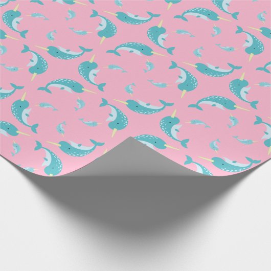 Papier Cadeau Narwhal Baby shower rose fille baleine (Coin)