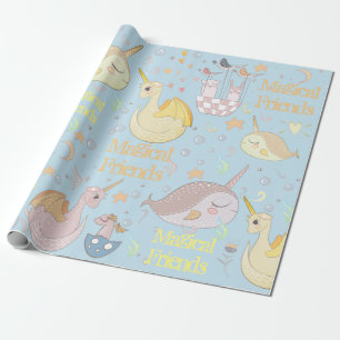 Papier Cadeau Narwhal, bleu layette en pastel de dragon