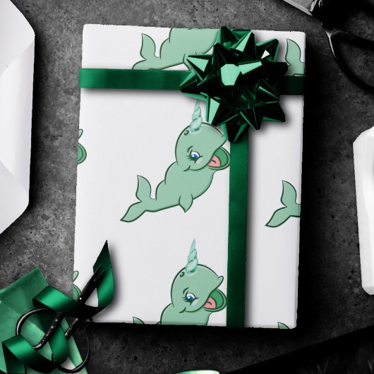 Papier Cadeau Narwhal Green | Cute Mint Chibi Cartoon Sea Party