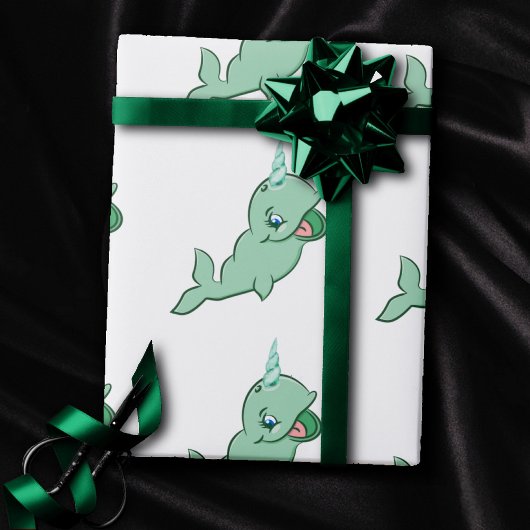 Papier Cadeau Narwhal Green | Cute Mint Chibi Cartoon Sea Party