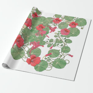 Papier Cadeau Nasturtiums rouges Antique Lithographie 1896