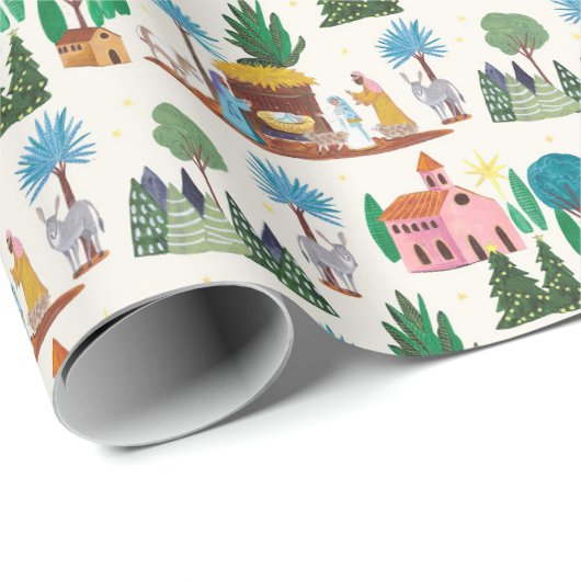 Papier Cadeau Nativity Scene Ecru Hand drawn Christmas (Coin rond)