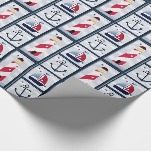Papier Cadeau Nautical Cute Sailboat Lighthouse Ancre Design (Coin)