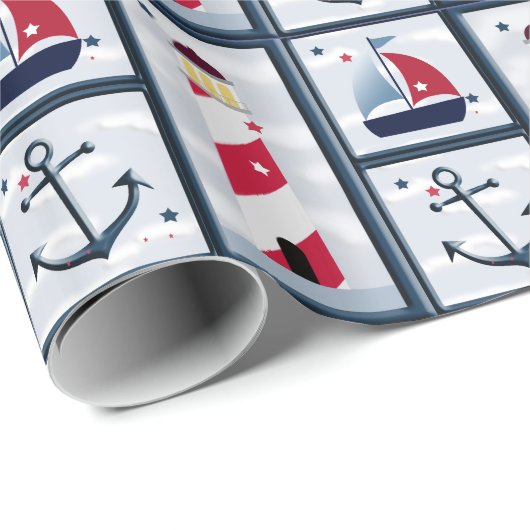 Papier Cadeau Nautical Cute Sailboat Lighthouse Ancre Design (Coin rond)