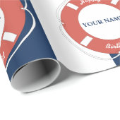 Papier Cadeau Nautique Bleu rayé Nom personnalisé Anniversaire (Coin rond)