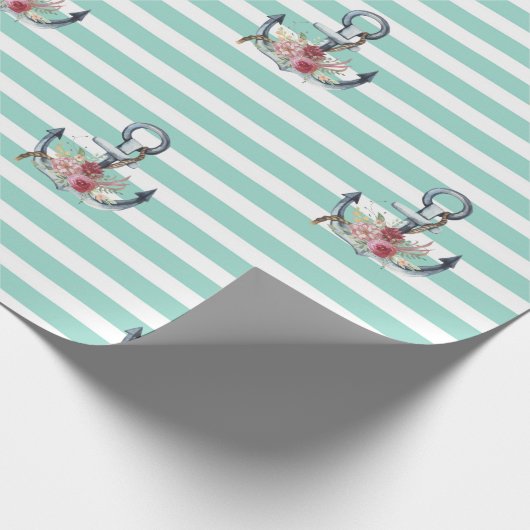 Papier Cadeau Nautique, Fleurs d'Ancres Mint Vert rayures (Coin)