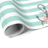 Papier Cadeau Nautique, Fleurs d'Ancres Mint Vert rayures (Coin rond)