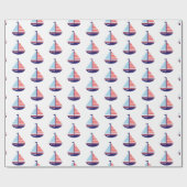 Papier Cadeau Nautique Rouge Blanc et Bleu Stripes Voilier (Plat)