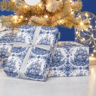 Papier Cadeau Navire marchand de style Delft bleu blanc