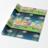 Papier Cadeau Navire Spatiale Dans La Ville Papier Enveloppant (Déroulé)