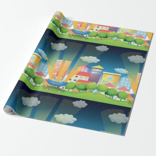 Papier Cadeau Navire Spatiale Dans La Ville Papier Enveloppant (Déroulé)