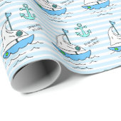 Papier Cadeau Navires Ahoy, C'est un garçon ! Baby shower Blue S (Coin rond)
