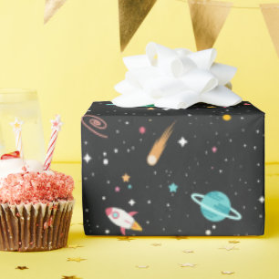 Papier Cadeau Navires spatiaux et planètes en noir