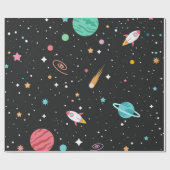 Papier Cadeau Navires spatiaux et planètes en noir (Plat)
