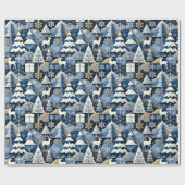 Papier Cadeau Navy Blue Gold Nordic Christmas Forest Pattern (Plat)