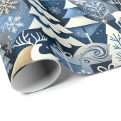 Papier Cadeau Navy Blue Gold Nordic Christmas Forest Pattern (Coin rond)