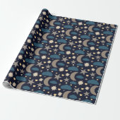 Papier Cadeau Navy Blue Moon Stars and Clouds Gift Wrap (Déroulé)