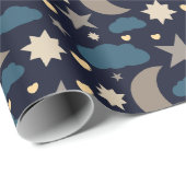 Papier Cadeau Navy Blue Moon Stars and Clouds Gift Wrap (Coin rond)