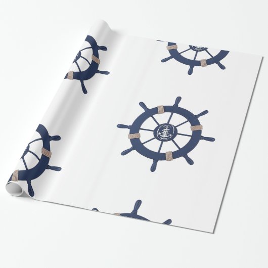 Papier Cadeau Navy Blue Ship Wheel Nautical (Déroulé)