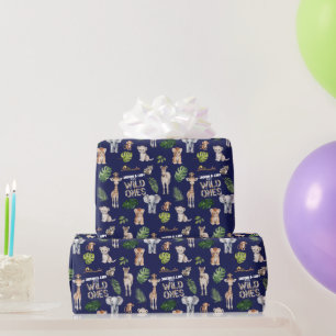 Papier Cadeau Navy Blue Twins Jungle Animals Garçon 1er annivers