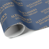Papier Cadeau Navy et Or Nom Âge Chic Anniversaire (Coin rond)