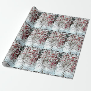 PAPIER CADEAU NEIGE À FEUILLES ROUGES