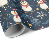 Papier Cadeau Neige et pingouins Hiver bleu (Coin rond)