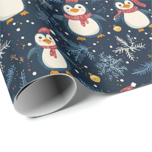 Papier Cadeau Neige et pingouins Hiver bleu (Coin rond)