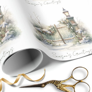 Papier Cadeau Neige hiver scène Pine Lampe Aquarelle Noël