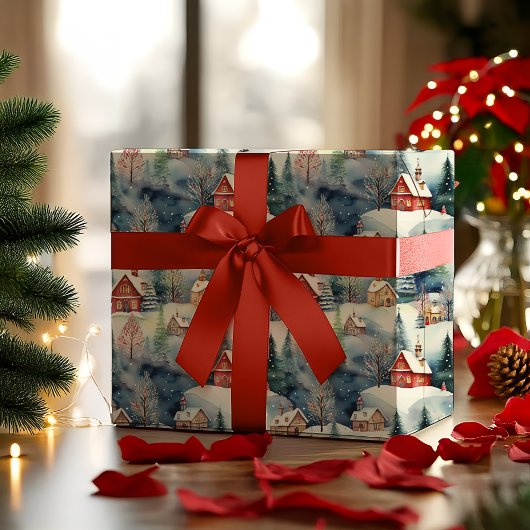 Papier Cadeau Neige hiver Village Noël