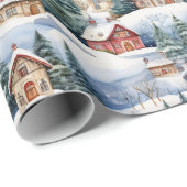 Papier Cadeau Neige hiver Village Noël (Coin rond)