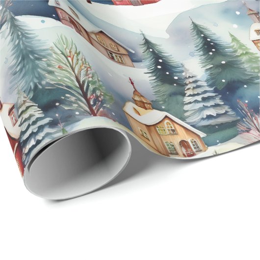Papier Cadeau Neige hiver Village Noël (Coin rond)