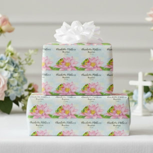 Papier Cadeau Nénuphar rose et grenouille arboricole pour baptêm