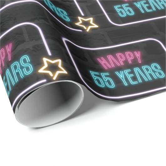 Papier Cadeau Neon 55th Birthday Marquee On Brick Wrapping Paper (Coin rond)