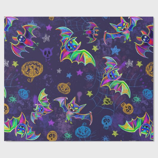Papier Cadeau néon éffrayant Halloween chauves-souris design col (Plat)