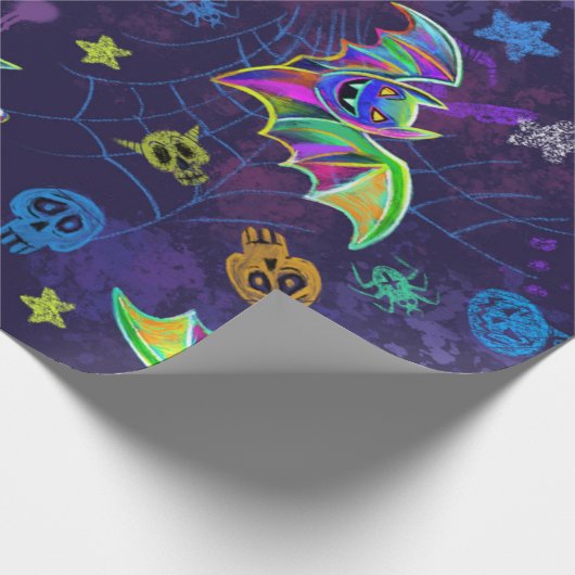 Papier Cadeau néon éffrayant Halloween chauves-souris design col (Coin)