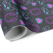Papier Cadeau Neon Gamer Controller and Hearts Pattern (Coin rond)