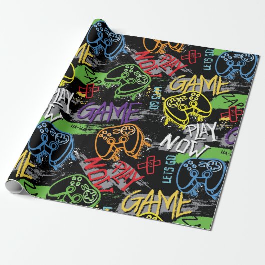 Papier Cadeau Neon Graffiti Gaming Pattern (Déroulé)