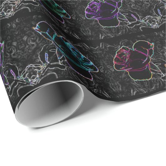 Papier Cadeau Neon, Roses Abstraits sur Black 30" x 6' Roll de (Coin rond)