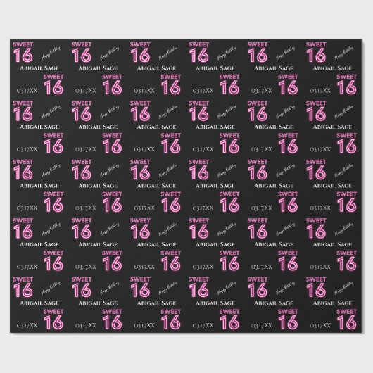 Papier Cadeau Neon Sweet sixteen tendance personnalisé rose chau (Plat)