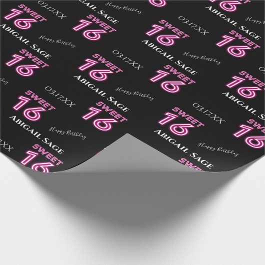 Papier Cadeau Neon Sweet sixteen tendance personnalisé rose chau (Coin)