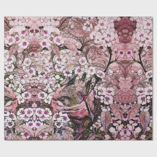 PAPIER CADEAU NEST D'OISEAU, ARBRE AVEC FLEURS DE PRINTEMPS ROSE (Plat)